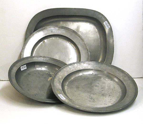 Appraisal: Three English pewter chargers and a dish th century Comprising