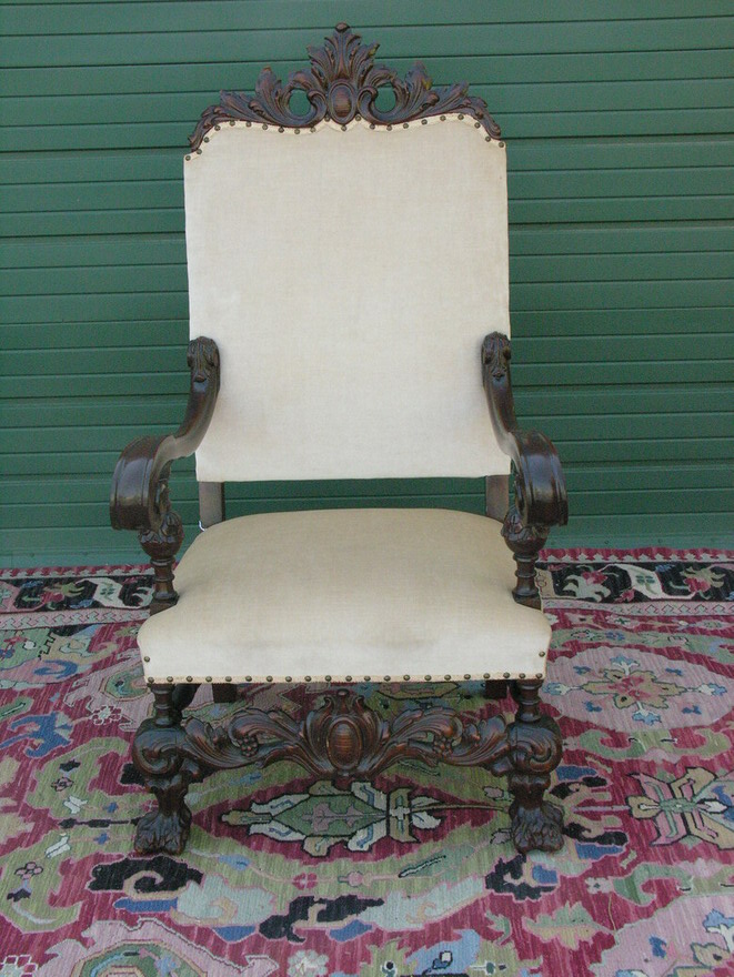 Appraisal: LARGE WILLIAM AND MARY STYLE CHAIR Heavily carved Size by