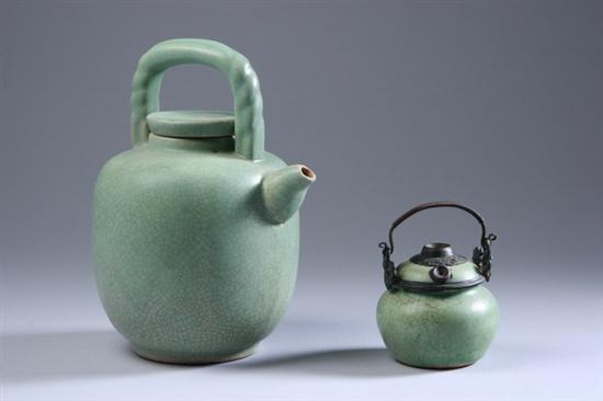 Appraisal: TWO PIECES VIETNAMESE GREEN-GLAZED POTTERY Waterpipe base and a pot