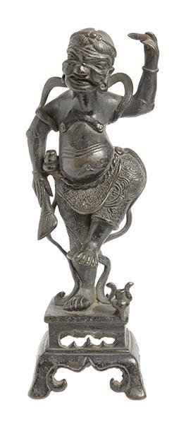 Appraisal: A CHINESE BRONZE FIGURE OF KUIXING BALANCED ON ONE FOOT