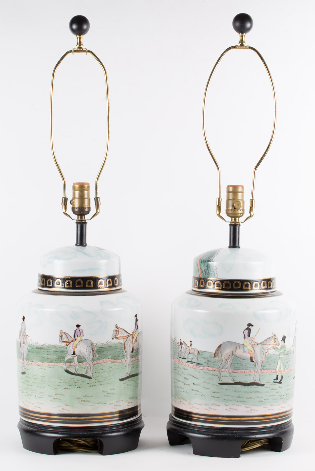 Appraisal: Pair of porcelain tea canister-form lamps with meandering fox hunt