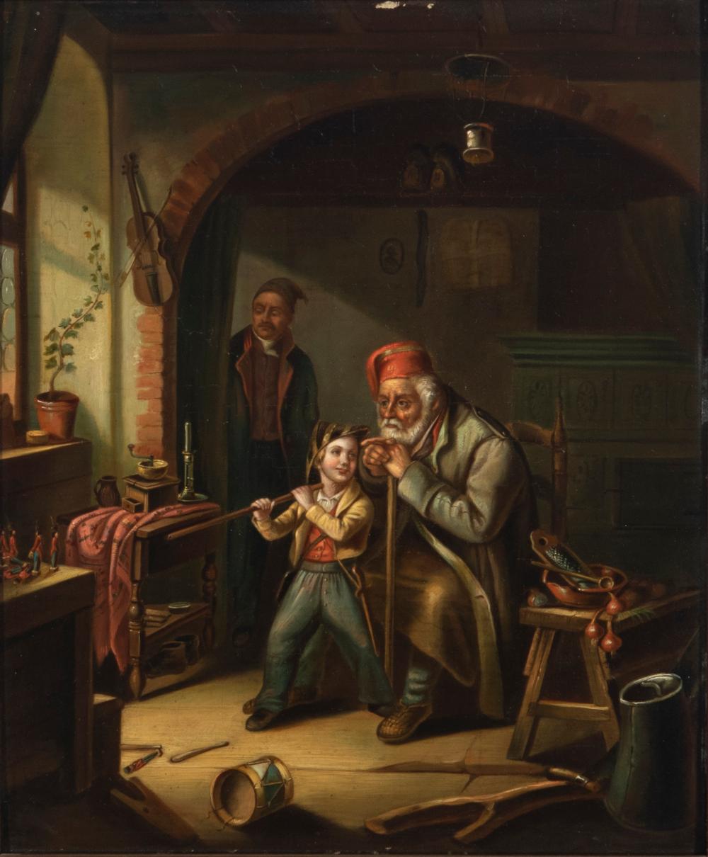 Appraisal: Man and boy playing with toy soldiers in an interior