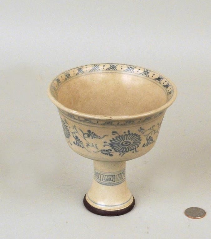 Appraisal: Chinese Porcelain Ming Stemmed Blue White Cup Chinese porcelain Ming