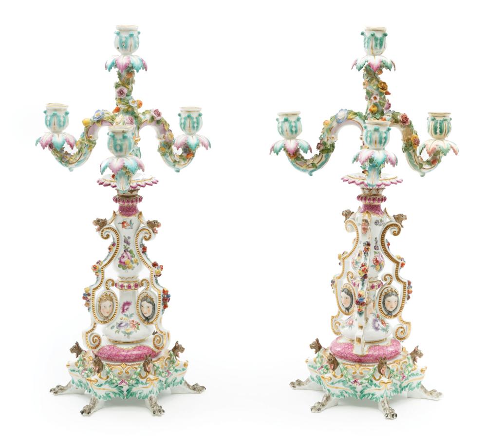 Appraisal: Pair of Meissen-Style Polychrome and Gilt Porcelain Four-Light Candelabra th