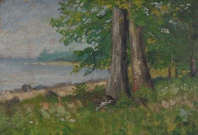 Appraisal: American School th Century Lakeside scene Oil on canvasboard no