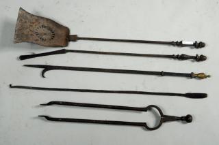 Appraisal: Five Wrought Iron Brass Fireplace Tools Five wrought iron and