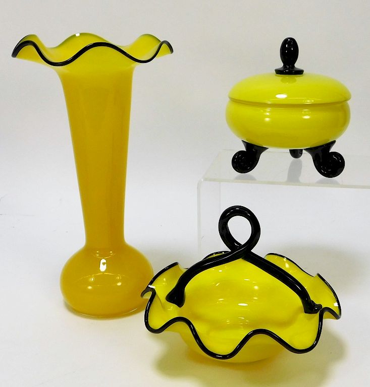 Appraisal: PC Yellow Tango Bohemian Art Glass Vessels Bohemia th Century