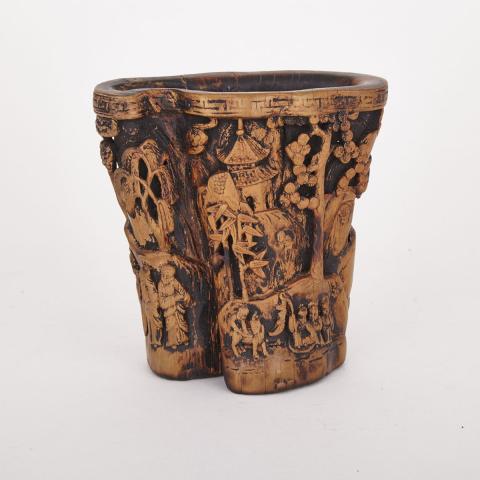 Appraisal: Wood Brush Pot Republic Period Carved over the surface with