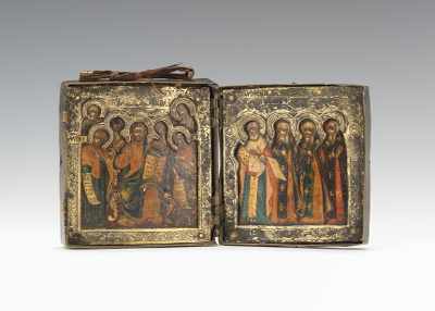 Appraisal: An Antique Portable Russian Icon Two panels out of the