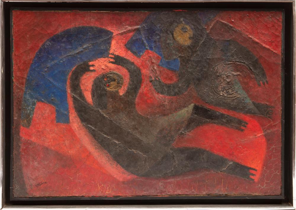 Appraisal: Luis Urbina Nicaraguan - Two Figures Fighting on Red Background