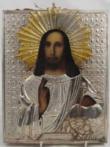 Appraisal: A Russian th century ikon of Christ with silvered metal