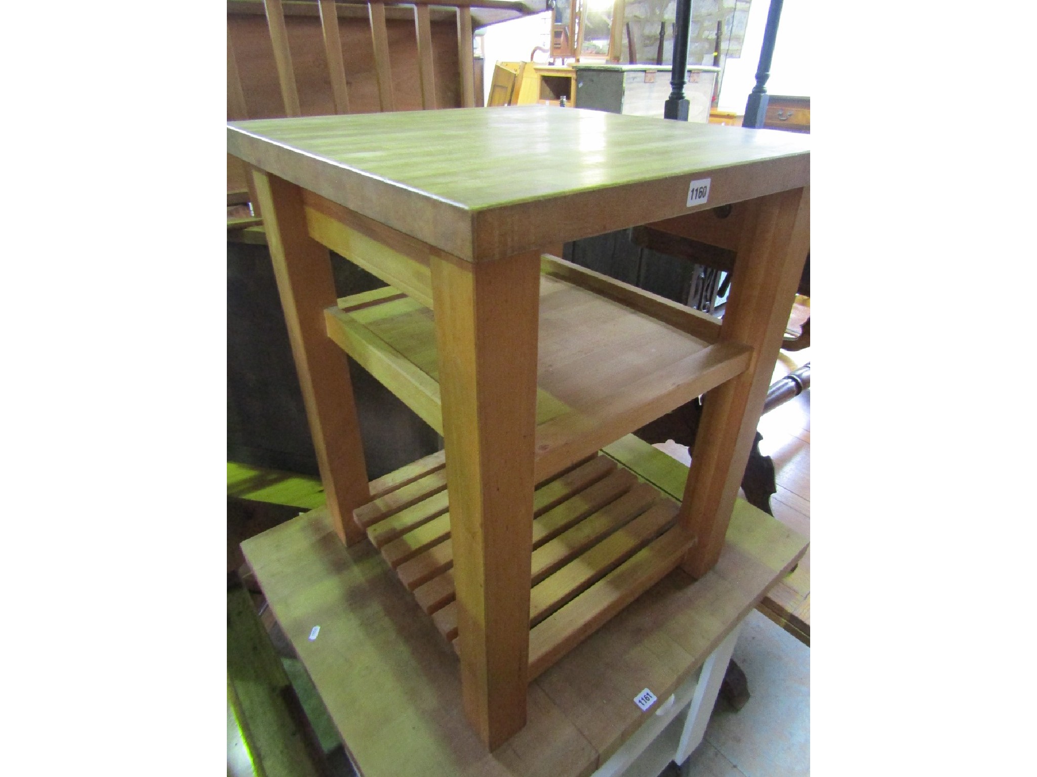 Appraisal: A contemporary beechwood three tier kitchen work table of square