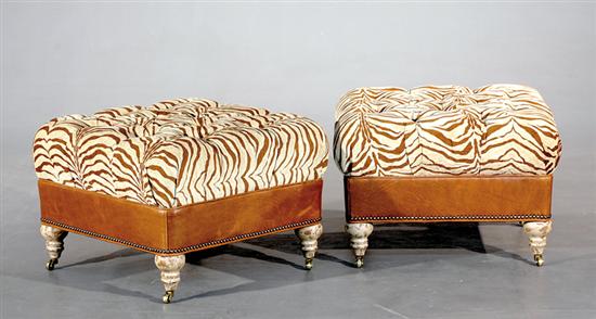 Appraisal: Pair upholstered and leather footstools Wesley Hall Collection buttoned seat