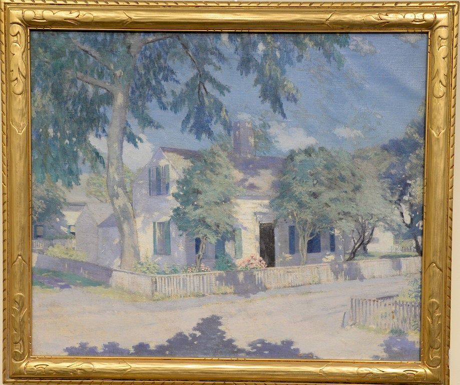 Appraisal: Large oil on canvas house with white picket fence unsigned