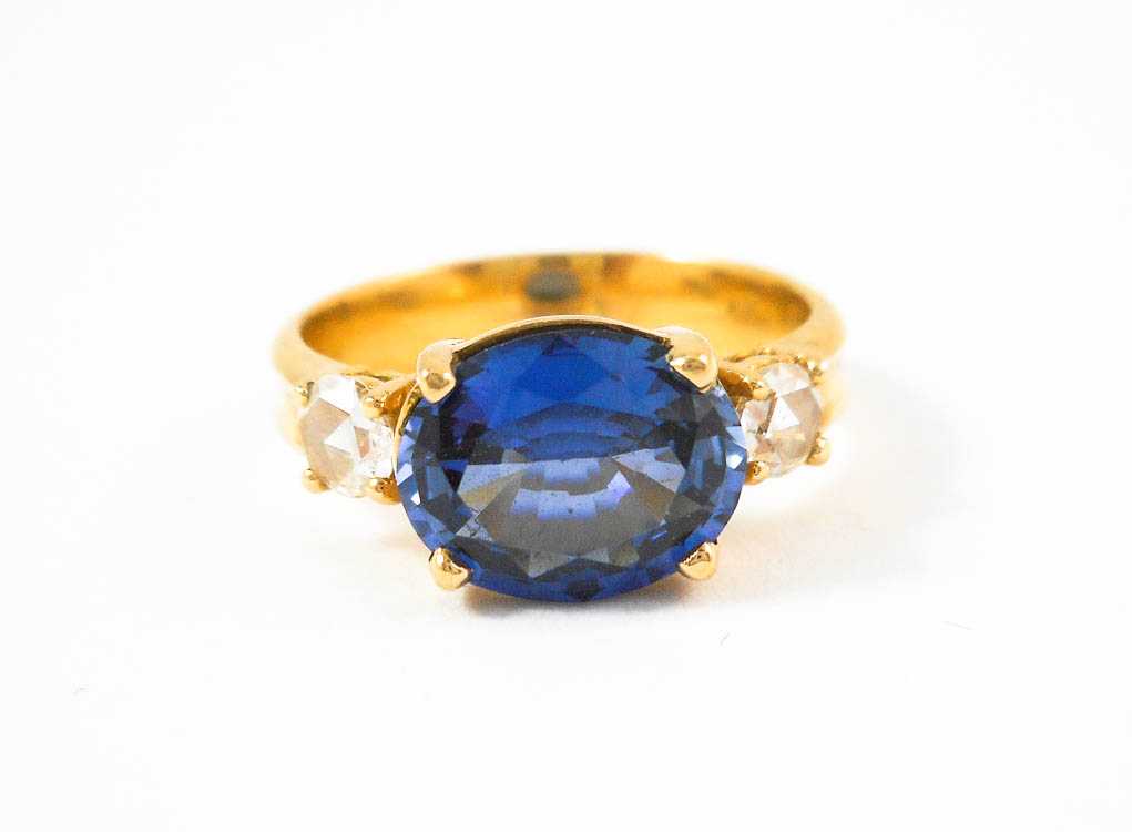 Appraisal: SAPPHIRE DIAMOND AND FOURTEEN KARAT GOLD RING with two rose-cut