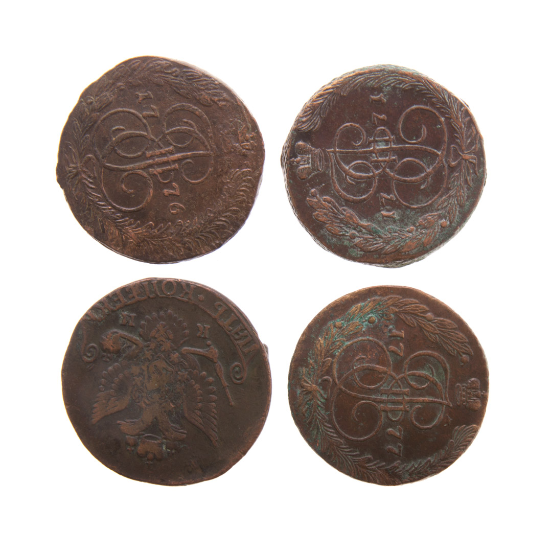 Appraisal: Four Russian Kopec coins circa with Romanoff double eagle