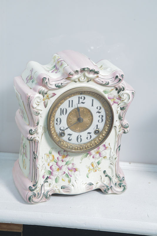 Appraisal: CHINA MANTLE CLOCK Ansonia ''Choctaw'' mantle clock with floral and