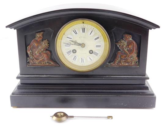 Appraisal: CLOCK Late th C French -day mantle clock black slate