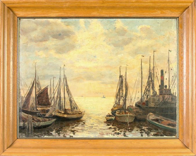 Appraisal: American School Mid- th Century Sailboats in the Harbor oil