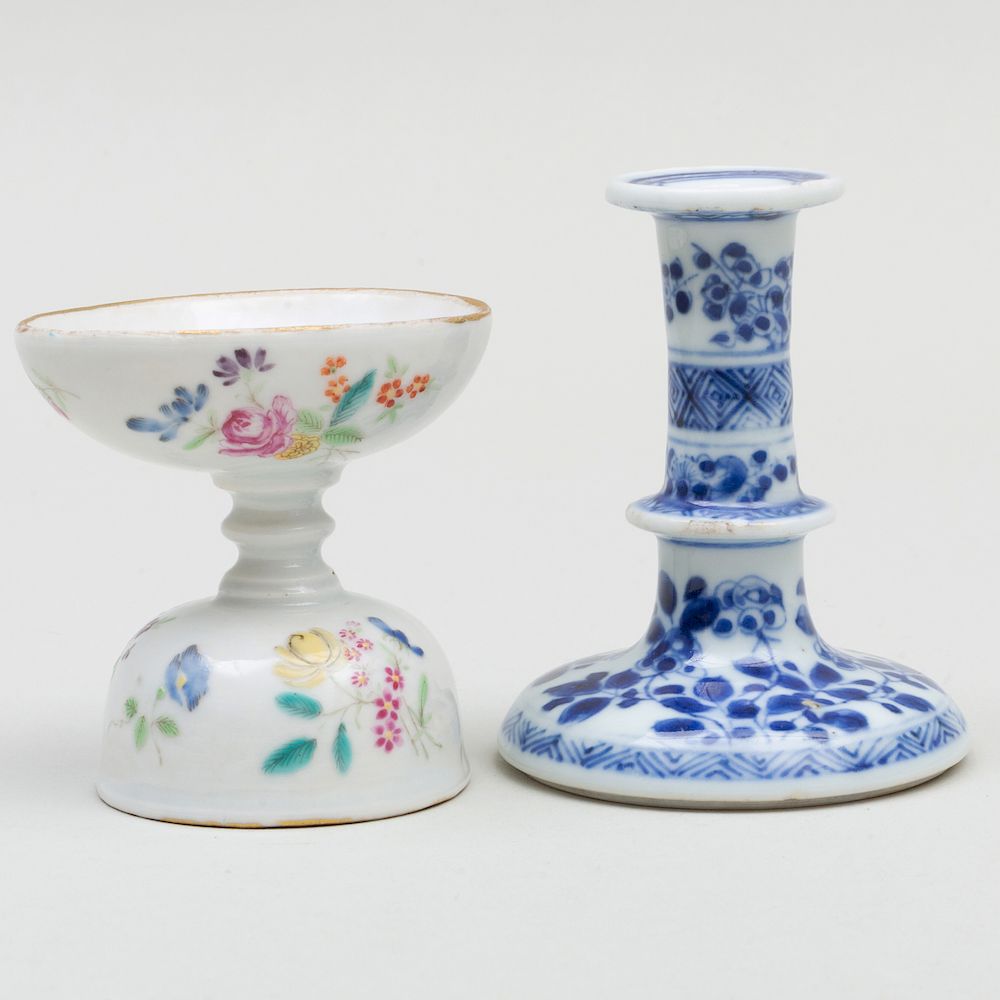 Appraisal: Chinese Export Porcelain Eye Washer and a Small Candlestick Chinese