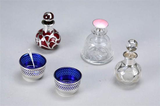 Appraisal: FIVE PIECES Small bulbous clear perfume with silver overlay h