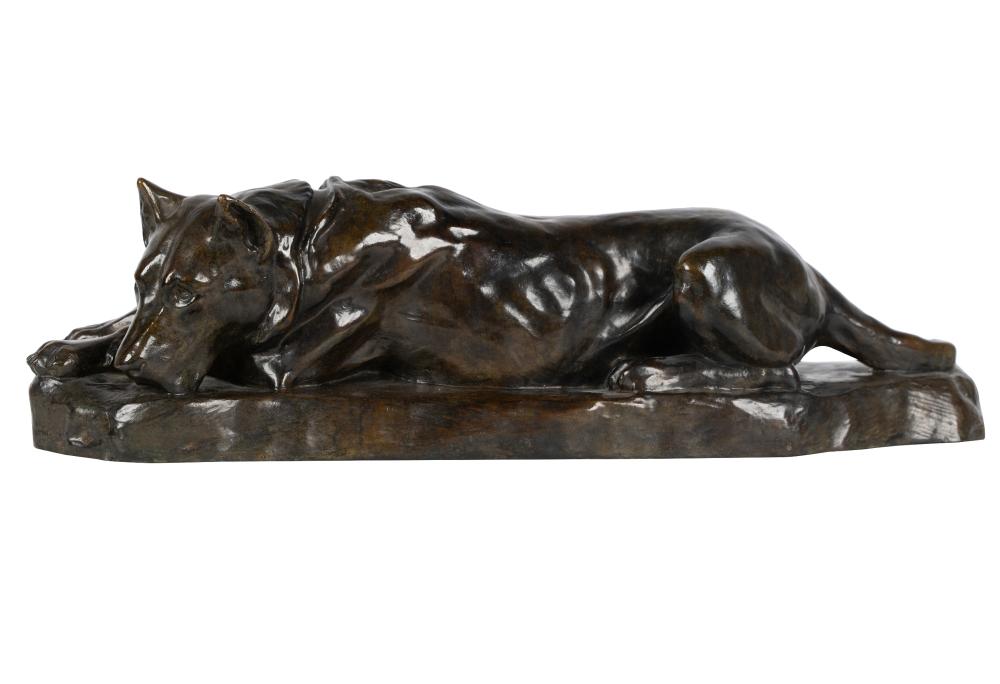 Appraisal: GEORGES LUCIEN GUYOT - RECUMBENT DOGbronze with brown patination signed