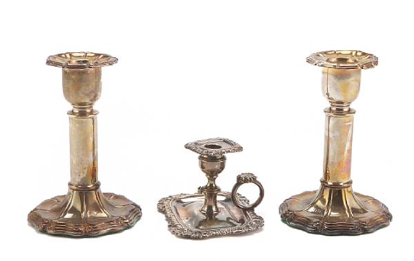 Appraisal: A group of English silver candlesticks comprising Regency small taperstick