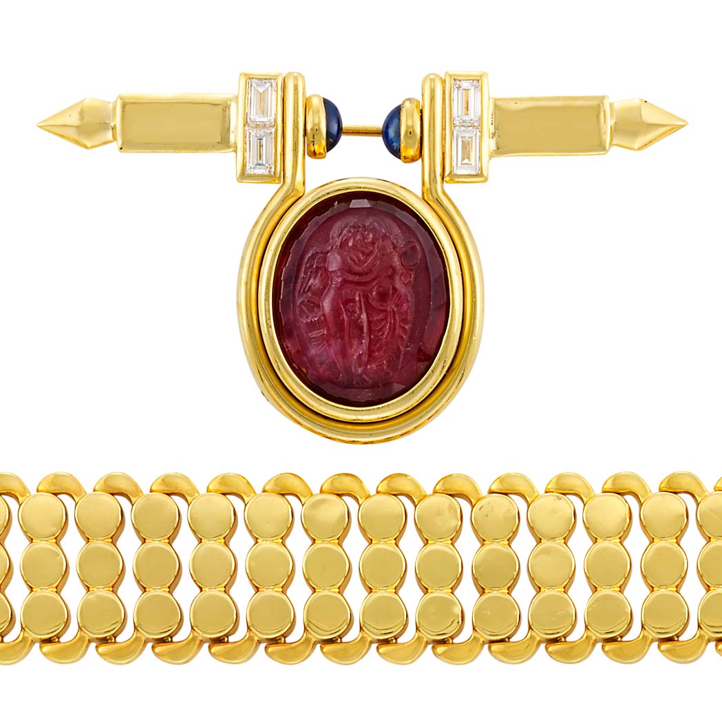 Appraisal: Gold Bracelet and Gold Carved Rubellite Cabochon Sapphire and Diamond