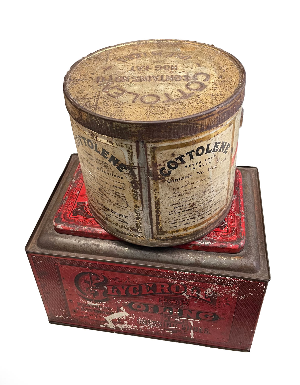 Appraisal: ANTIQUE TINS COTTOLENE GLYCEROL Cottolene tin has wonderful and interesting