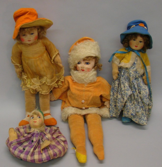 Appraisal: Lot of unmarked dolls Velveteen stockinette dolls with glass eyes