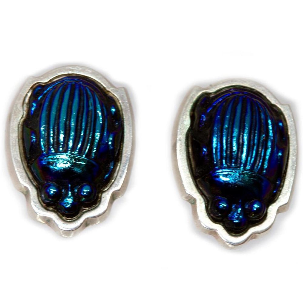 Appraisal: Tiffany Co favrile glass scarab silver earrings vintage iridescent art