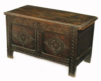 Appraisal: A th century panelled oak chest the moulded edge boarded