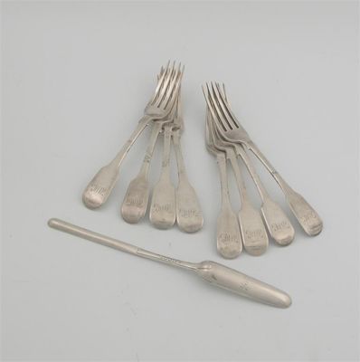 Appraisal: Eight matched George III Fiddle tableforks by two makers London