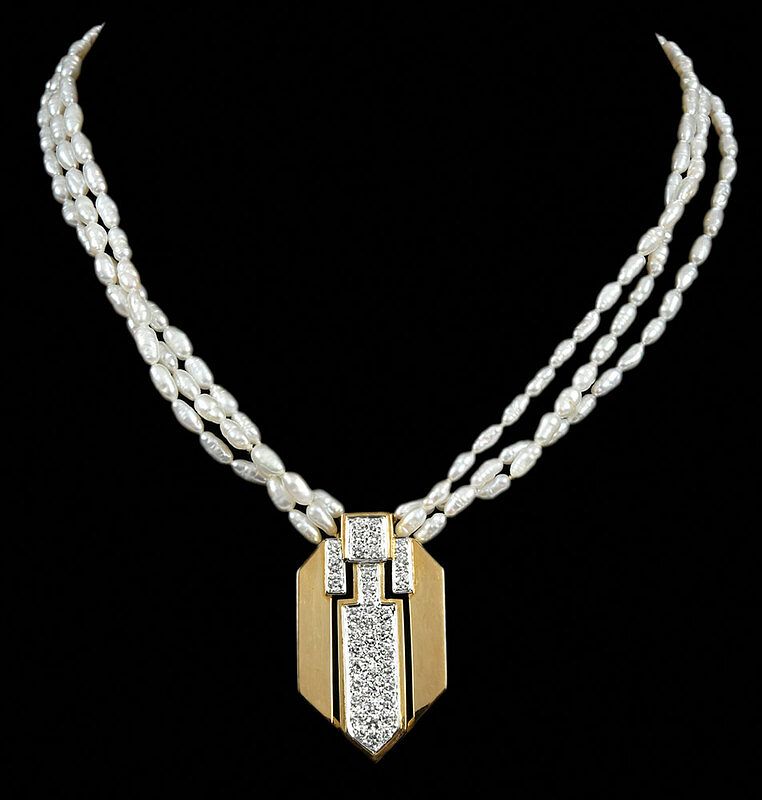 Appraisal: kt Pearl and Diamond Necklace keshi pearl bead strands center