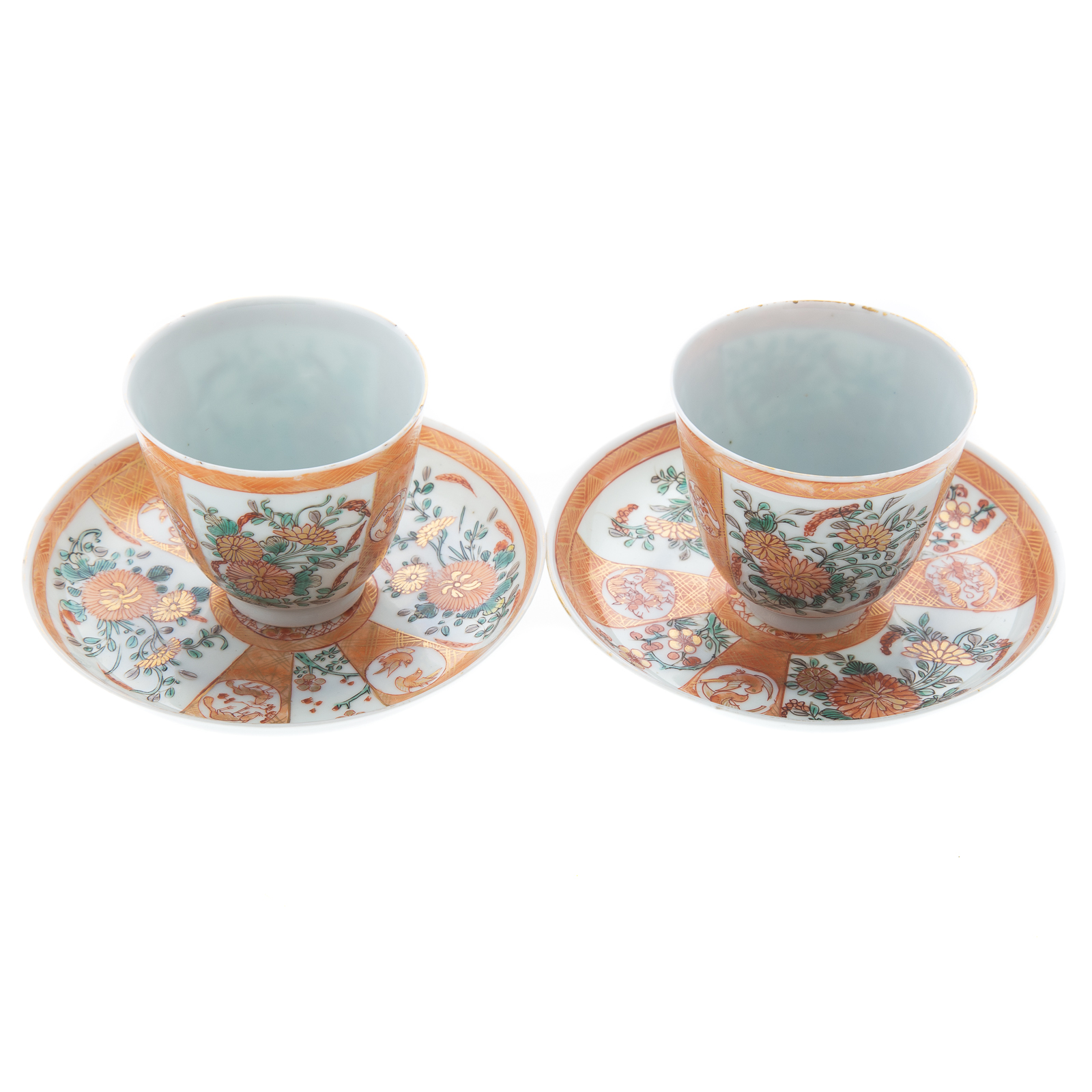 Appraisal: PAIR CHINESE EXPORT POLYCHROME CUPS SAUCERS Mid th century with