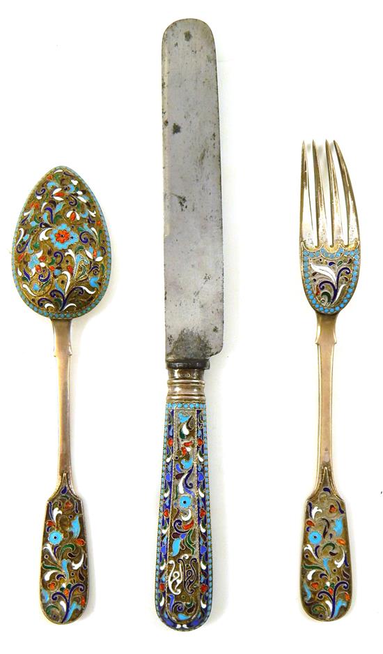 Appraisal: RUSSIAN SILVER Three pieces of Russian enameled cutlery all pieces