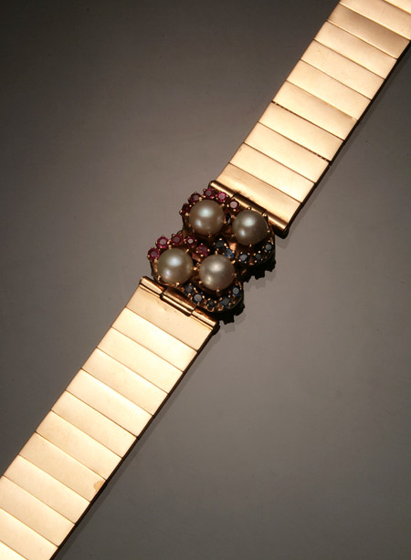 Appraisal: Tested -Karat Yellow-Gold Blue Sapphire Ruby and Cultured Pearl Bracelet