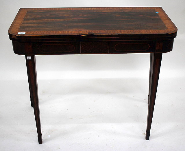 Appraisal: A TH CENTURY ROSEWOOD FOLD OVER CARD TABLE with satinwood