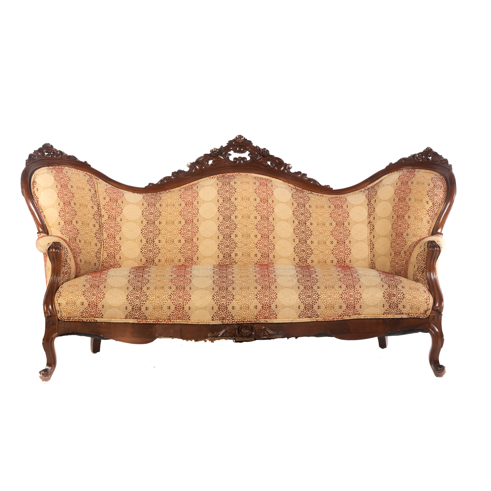 Appraisal: AMERICAN EASTLAKE VICTORIAN WALNUT UPH SOFA Circa with elaborately carved