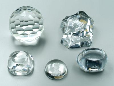 Appraisal: Five clear glass paperweights one faceted Royal Brierley with intaglio