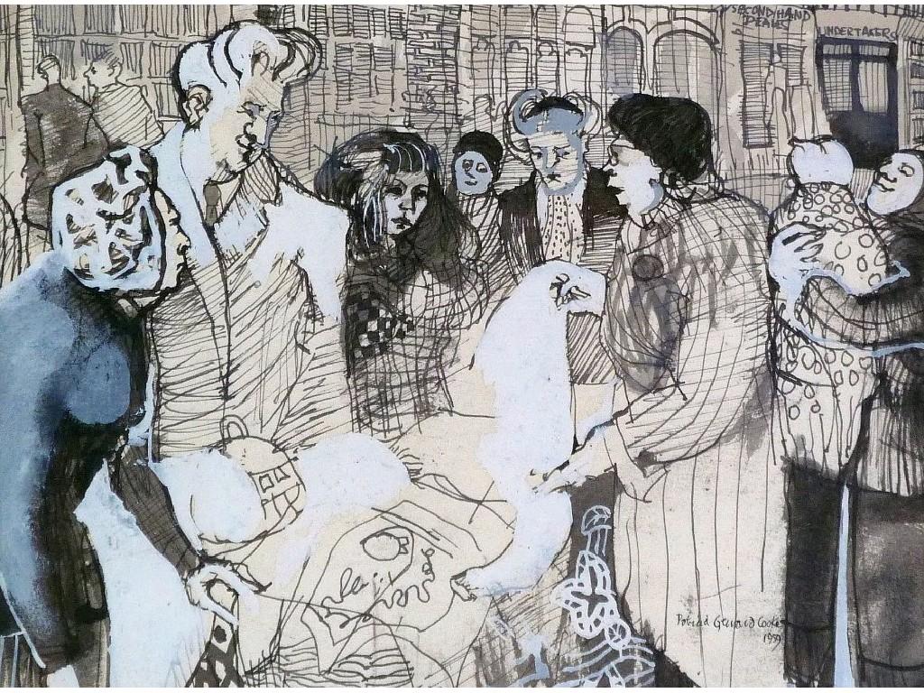 Appraisal: PAT COOKE - PEN AND WASH DRAWING 'Second Hand Deals'signed