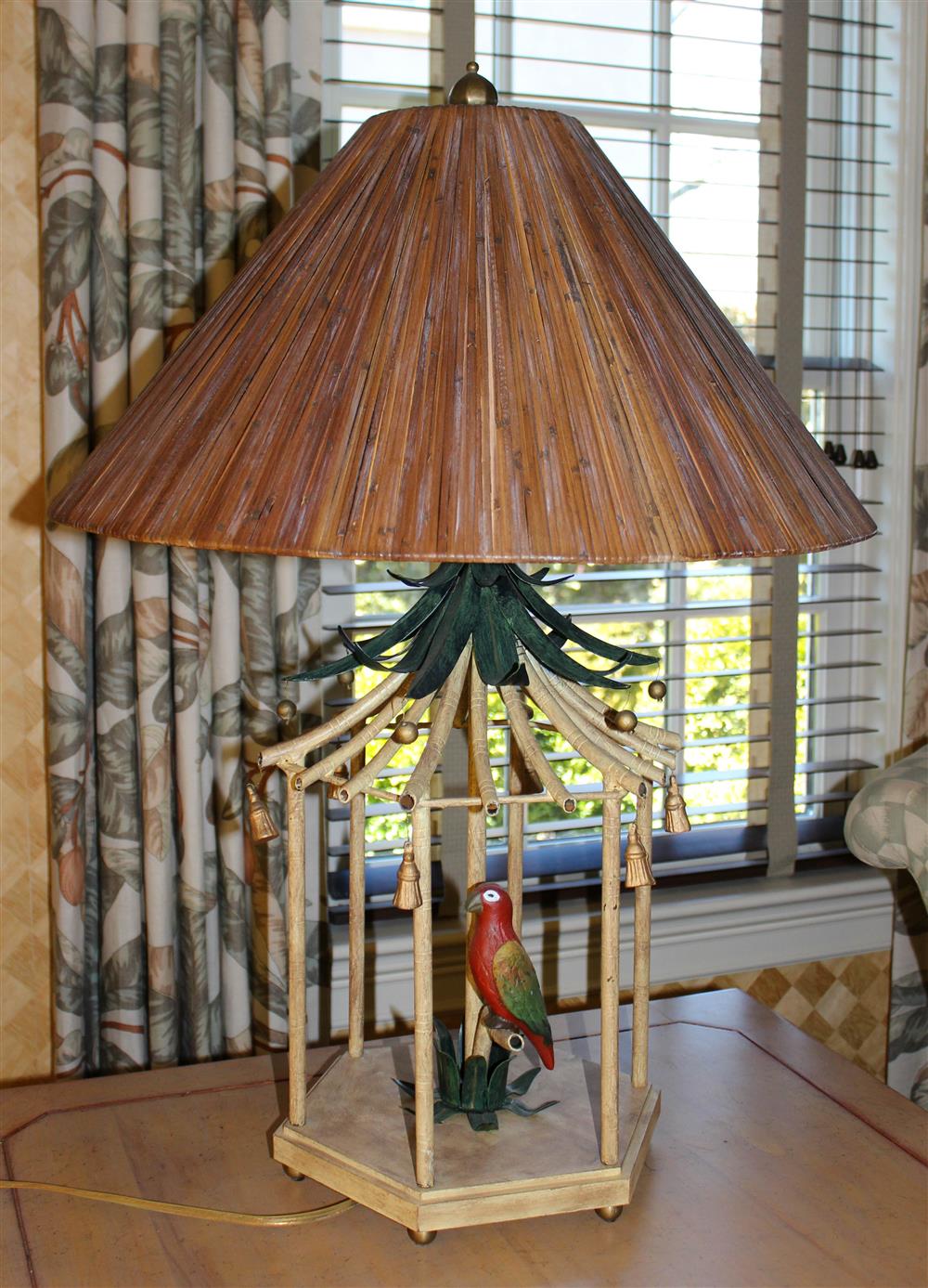 Appraisal: CHELSEA HOUSE PARROT CHINOISERIE LAMP WITH BAMBOO SHADE - h