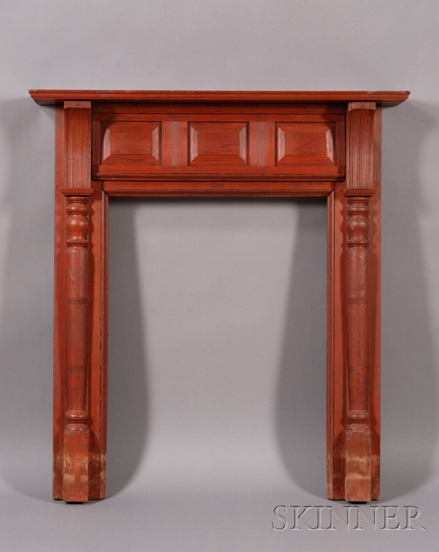 Appraisal: Red-painted Carved and Turned Fireplace Mantel with Paneled Frieze America