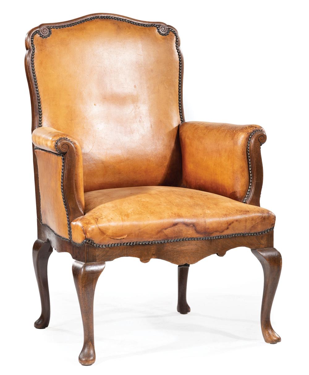 Appraisal: Antique Louis XV XVI Walnut Leather Armchair scrolled shaped back