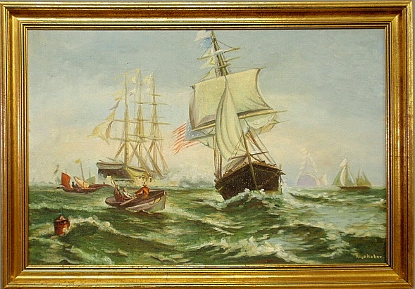 Appraisal: - Oil on masonite painting of American sailing ships signed