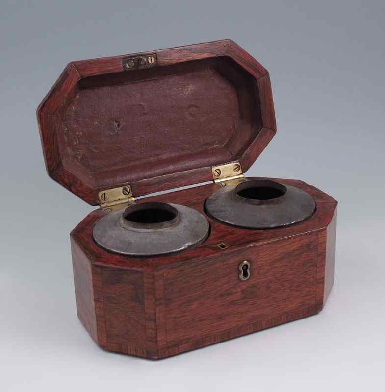 Appraisal: ROSEWOOD TEA CADDY CA 'S Banded rosewood top with canted