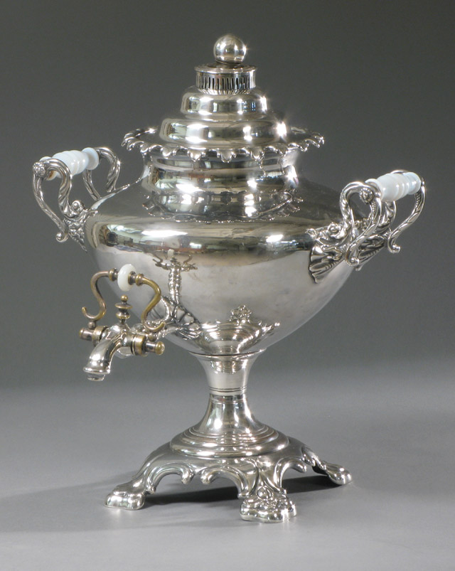 Appraisal: TH C SHEFFIELD SILVER PLATED TEA URN with white glass