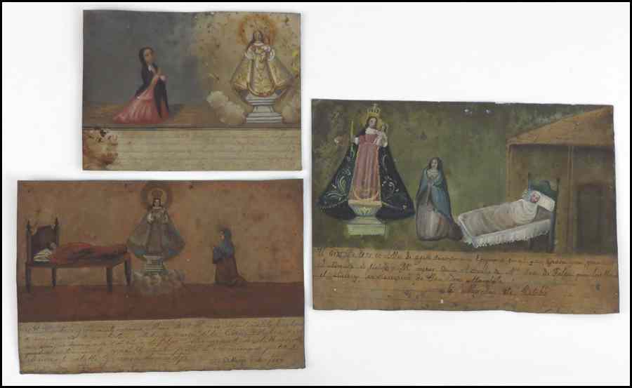 Appraisal: THREE MEXICAN PAINTED TIN EX-VOTO Largest '' x '' Condition