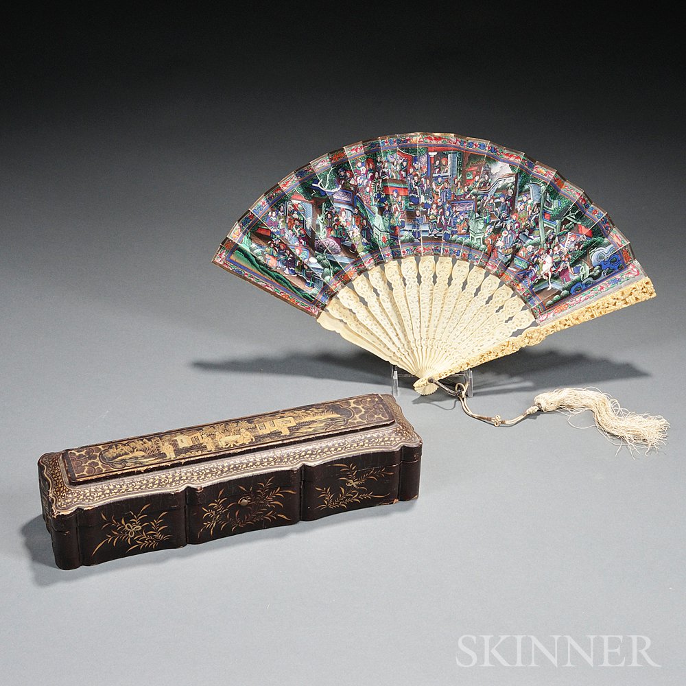 Appraisal: Carved Ivory and Painted Fan China late th early th