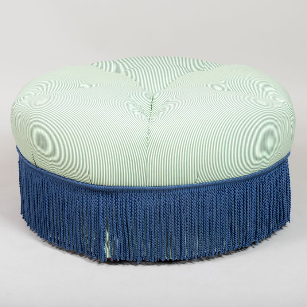 Appraisal: Tufted Ottoman with Blue Fringe x in diam Sold Stair